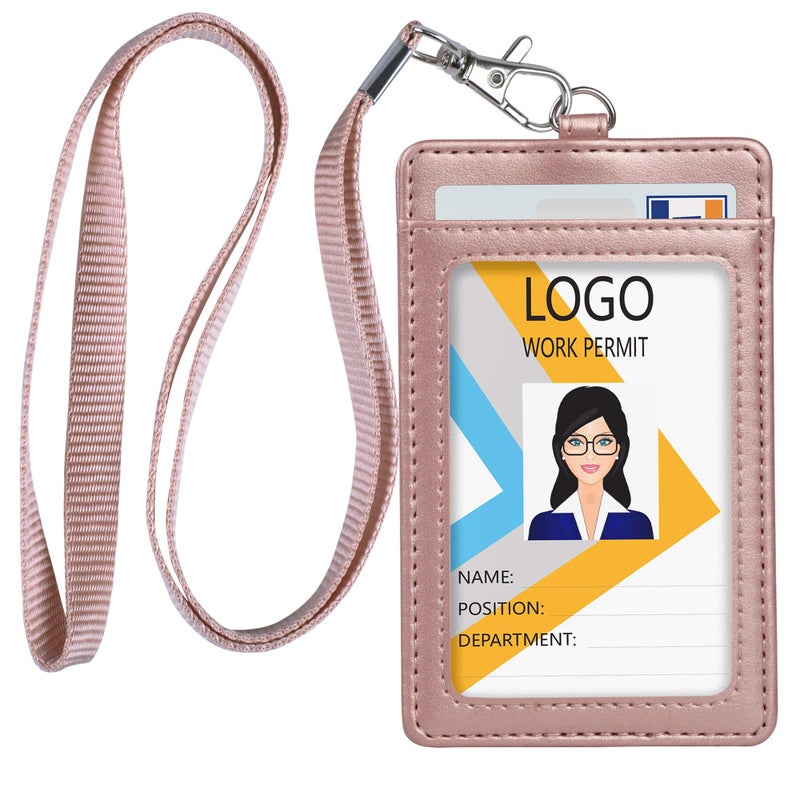 Teskyer Lanyards for ID Badges, Leather ID Badge Holder for Work School IDs, Cruise Ship Cards, Hotel Key Cards, Pass Cards - Rose Gold - Image 1